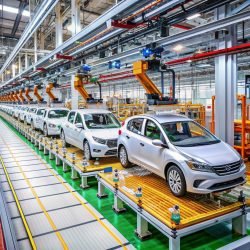 EV Production Line on Advanced Automated Smart Factory. High Performance Electric Car Manufacturing. Car Batteries Installation on Electric Vehicles on Assembly line